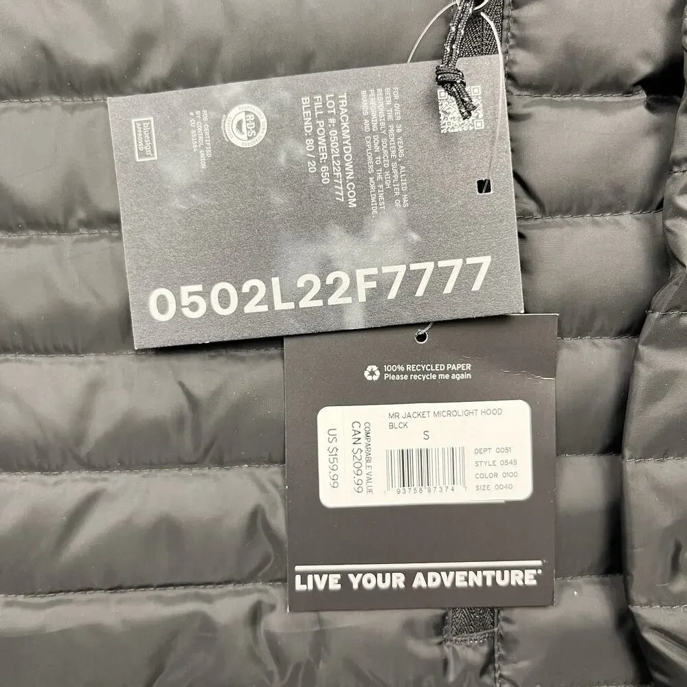 NWT Eddie Bauer Puffer Jacket Mens S Microlight Black 650 Goose Down